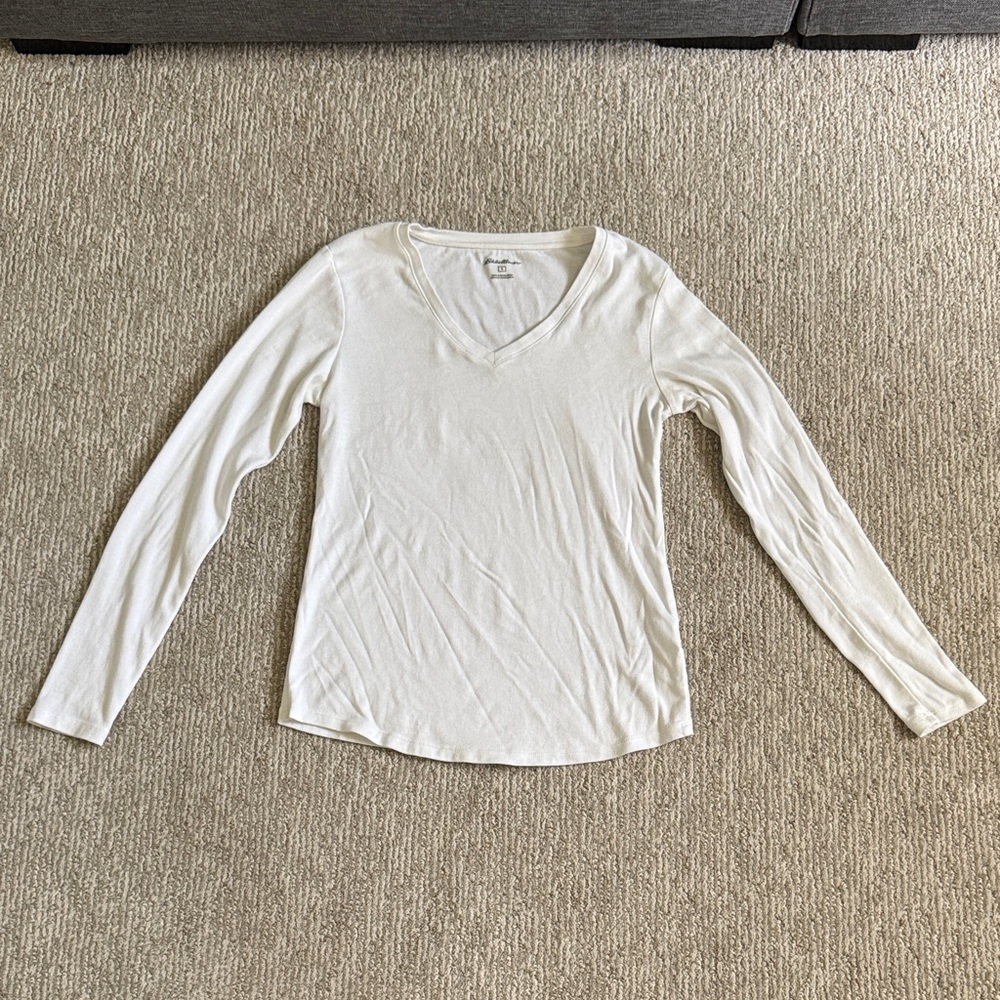 V-Neck Long Sleeve White Tee Eddie Bauer